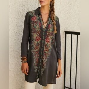 JOHNNY WAS Embroidered Tunic Button Down Multicolor Boho Collard Shirt Dress XS